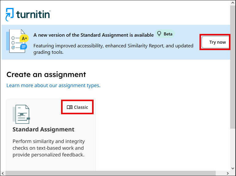 select Turnitin assignment type