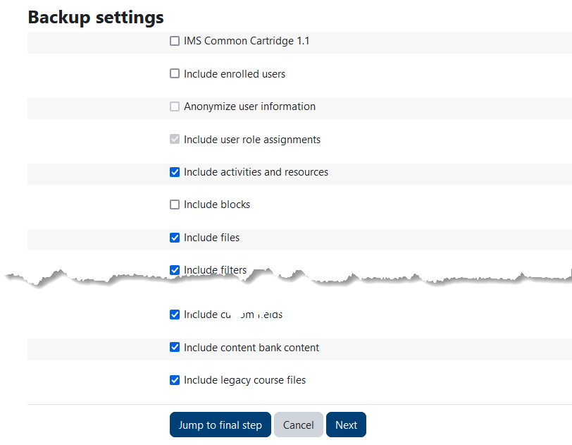 course backups ettings