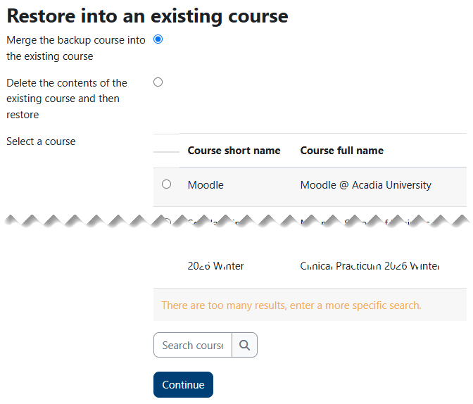 restore course into existing course