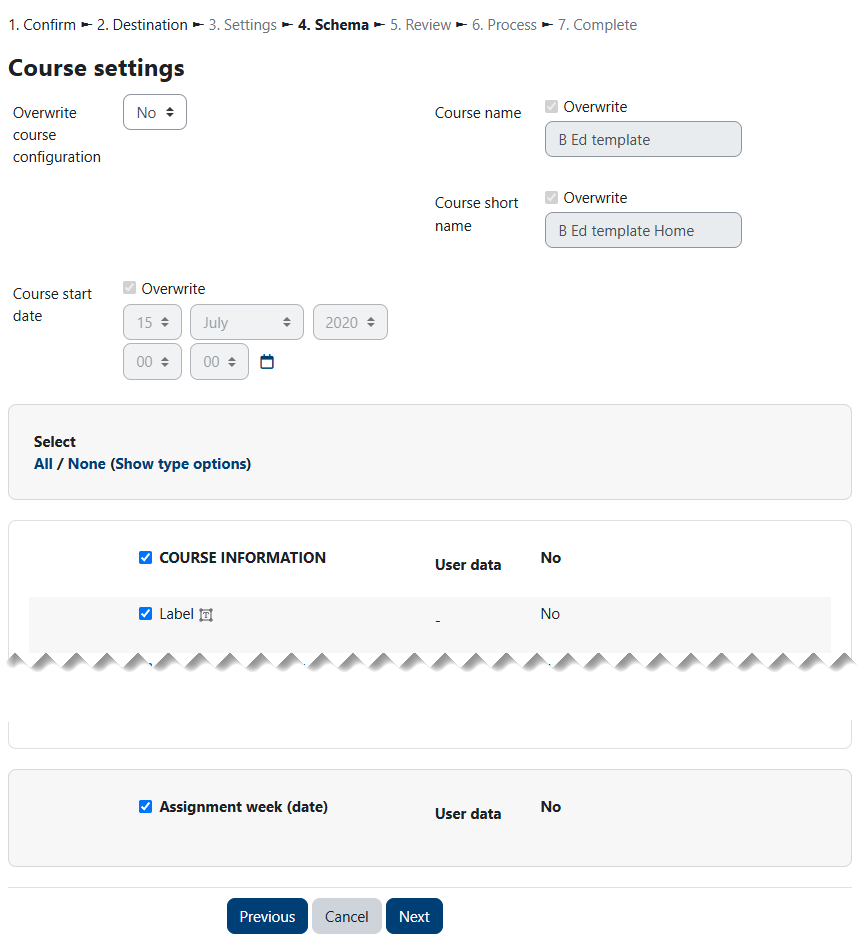 course restore select content