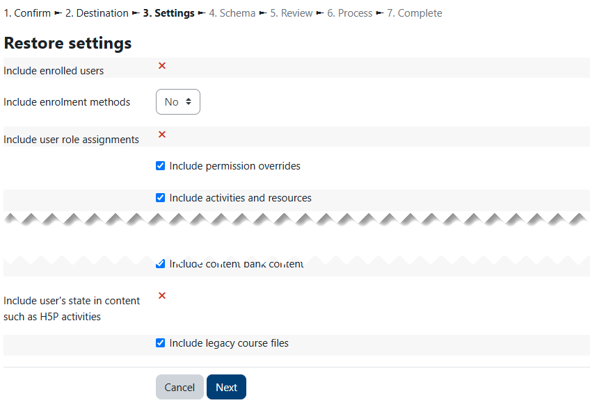 course restore settings