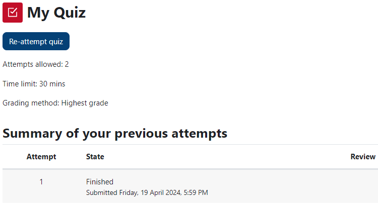 quiz submitted confirmation page